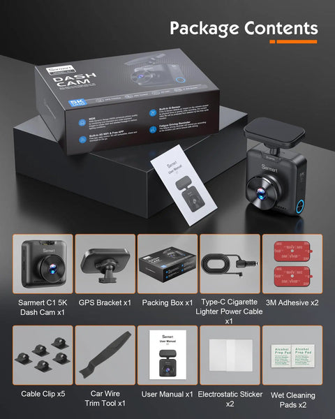 5K Front Dash Cam With GPS And 5G WiFi Sony STARVIS Sensor HDR Night Vision Crystal Clear 5120X2160P Video package contents layout