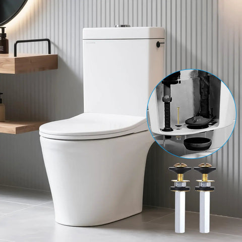 Heavy Duty Toilet Tank To Bowl Gasket Kit With Three Sets Of Stainless Steel Bolts Universal Fit For Two Piece Toilets Easy Install shown with toilet.