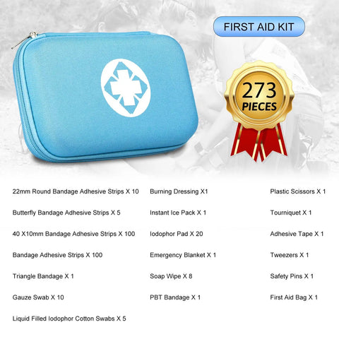 Survival First Aid Kit 273 Piece Emergency Medical Supplies Set In Blue For Home Car Travel Camping Hiking Office And Boat Use