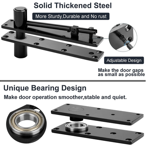 Hidden Pivot Hinge For Secret Doors And Hidden Bookcases Thickened Rock Solid Heavy Duty Steel Hardware With 870 Lbs Load Bearing 360 Degree Rotation Smooth Bearing Design Rust Resistant Patented, shown in black with solid thickened steel and unique bearing design
