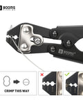 Close-up of 8.8 Inch Heavy Duty Beefed Up Pro Grade Crimping Pliers Kit with 140 Double Barrel Sleeves in use, crimp action shown