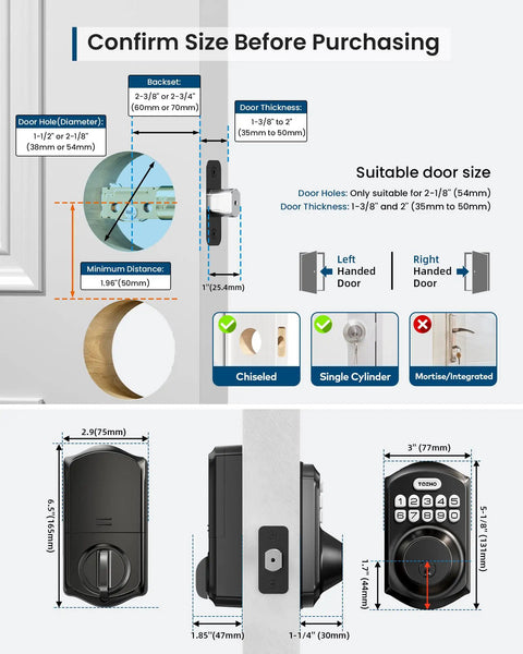 Dimensions and fitting guide for Slick Wifi Smart Deadbolt Solid Keyless Entry Door Lock Matte Black App Sync One Hundred Codes