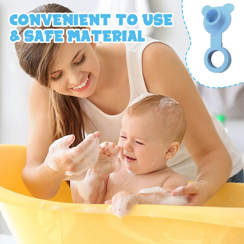 A mother and baby in a yellow bathtub using a 2Pack Silicone Blue Bathtub Stopper Plug during bath time.