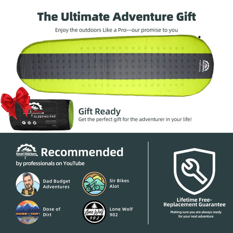 All Season Self Inflating Camping Pad With 4.3 R-Value Insulated Foam shown with packaging and gift ready ribbon.
