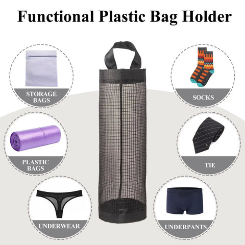 Hanging Mesh Bag Holder Dispenser For Plastic Grocery Bags, Space Saving Organizer With Elastic Opening For Easy Access, Black, 2 Pack