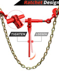 Heavy Duty 3/8 To 1/2 Inch Chain Binder Kit With 2 Grade 70 Ratchet Chains, 10 Ft Each, showing red ratchet mechanism