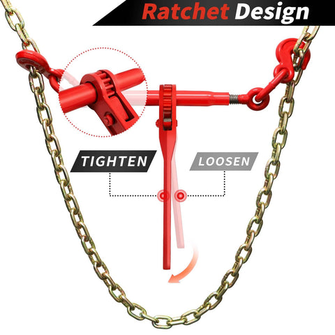 Heavy Duty 3/8 To 1/2 Inch Chain Binder Kit With 2 Grade 70 Ratchet Chains, 10 Ft Each, showing red ratchet mechanism