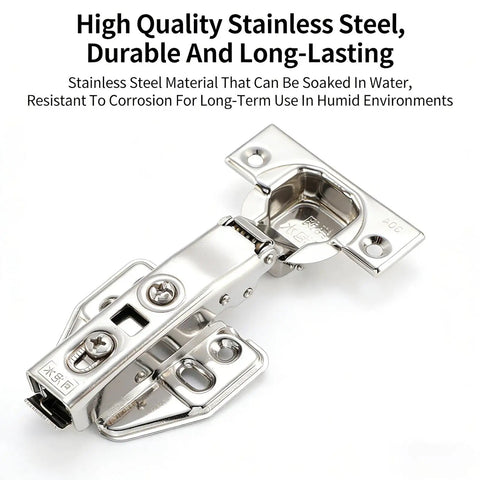 2 Pack Detachable Stainless Steel Full Overlay Cabinet Hinges With Hydraulic Soft Close Damper, close-up view, text overlay.