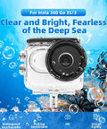 Underwater Dive Case Waterproof Housing For GO 3 And GO 3S floating underwater with coral and bubbles, front view.