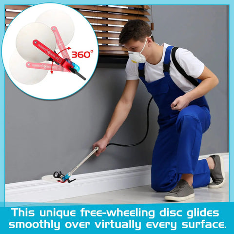 Man using Universal 7 Piece Paint Sprayer Airless Spray Guide Accessory Kit with 12 Inch Extension on wall edge.