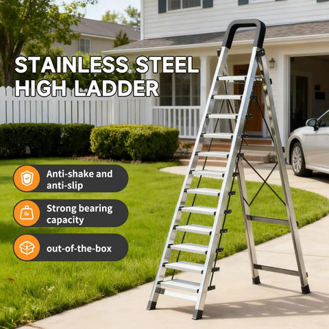 Heavy Duty Folding Step Ladder With Handrail 11 Steps Stainless Steel Anti Slip Pedals Sponge Handrail Safe Lock Design Space Saving Tall Kitchen Closet Ladder For Home And Garage Use, front view