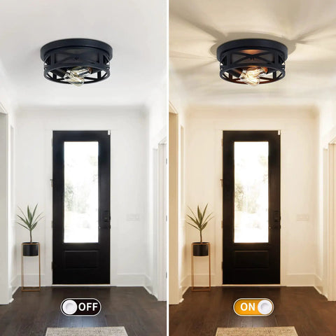 Two Pack Black Flush Mount Ceiling Light Fixture Dope Industrial Farmhouse Metal Cage Ceiling Fixture For Kitchen Entryway Hallway With E26 Base Ten Point Six Three Inch, light off and on