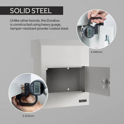 Through-The-Door Drop Box Deposit Safe In Heavy-Duty Steel With Lock, 12x6x15 Inches, detailed measurements in image.