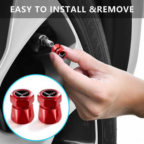 Red Tire Valve Stem Caps 4 Pack Dope Die Cast Aluminum With O Ring Seal Rust Resistant Chrome Electroplated Finish Tire Valve Covers For C6 C7 C8 Series being installed on tire valve stem.