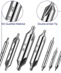Top Shelf 7 Piece Center Drill Bit Set With 60 Degree Premium Carbon Steel Points For Dead On Precision Lathes Metal Fab And Wood Turnery Solid Grip Tool Kit 1.0 To 5.0 Mm Sizing showing double-ended tips and M2 qualified material.