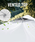 10x10 Pop Up Canopy With Center Lock One Push Setup vented top detail for airflow in outdoor setting, white