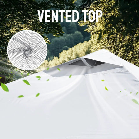 10x10 Pop Up Canopy With Center Lock One Push Setup vented top detail for airflow in outdoor setting, white