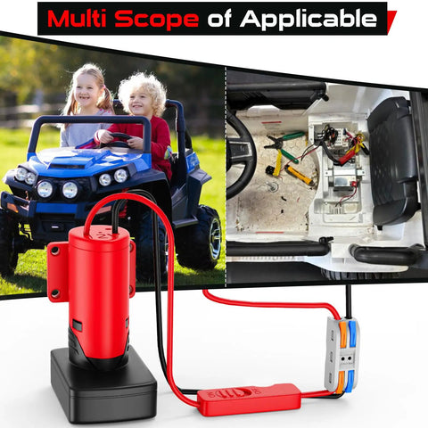 Upgraded Milwaukee 12V Battery Adapter for Ride On Wheel Toys with all-in-one switch and fuse, shown in DIY installation.