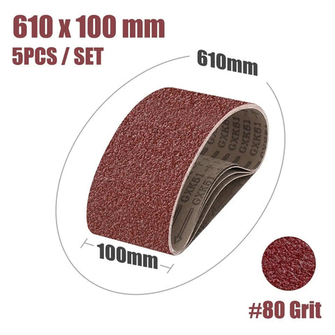 Heavy Duty Abrasive Screen Band Sander Belts For Effortless Grinding And Flawless Polishing, 5 Pack Sized 610X100MM, 100 Grit visible in a roll with measurements.