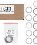 Front view: HanTof 44-piece barrel shim kit for 5/8-24 barrels (.308/7.62mm); steel ring shims, 11 thicknesses.