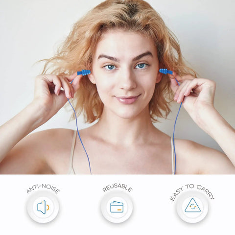 Noise Cancelling Ear Plugs 27dB NRR, Corded And Reusable, Individually Packaged With Belt Clip, Ultra Soft Comfort With Woman Using Them