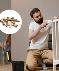 Man assembling crib using Must Have Hardware Replacement Kit For Cribs And Furniture With Barrel Nuts And Wood Dowels.