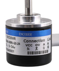 Front view of Incremental Rotary Encoder 600P/R, DC 5-24V Wide Voltage, 6mm Shaft, showing connection list on label.