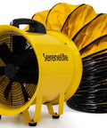 Heavy Duty 12 Inch Cylinder Fan Workhorse With 3200 CFM Airflow And 25 Foot PVC Ducting For Industrial Exhaust In Warehouses, Workshops, Crawl Spaces And Basements For Smoke And Odor Removal.