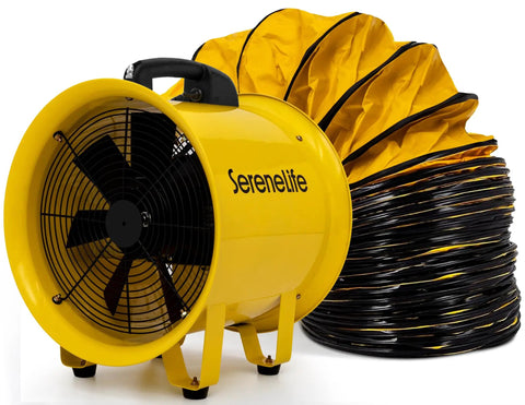 Heavy Duty 12 Inch Cylinder Fan Workhorse With 3200 CFM Airflow And 25 Foot PVC Ducting For Industrial Exhaust In Warehouses, Workshops, Crawl Spaces And Basements For Smoke And Odor Removal.