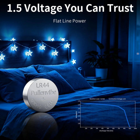 Thirty Pack LR44 Button Coin Batteries AG13 A76 L1154F SR44 Compatible Gadgets With One Point Five Volts Alkaline Power on a blue bed.