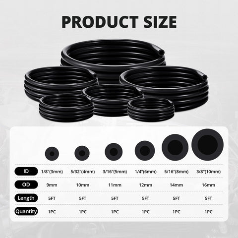 Assorted Silicone Vacuum Hose Kit 5 Ft 130 PSI Max Black With Inner Diameters 3mm 4mm 5mm 6mm 8mm 10mm FDA Compliant Food Grade