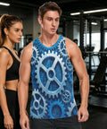 Men's Mechanical Gears Blue Muscle Tank Top Breathable Mesh Workout Shirt With Zipper Pocket Lightweight Moisture Wicking Gym Running Tee Grind Mode Activated Now worn by a male model in a gym setting.
