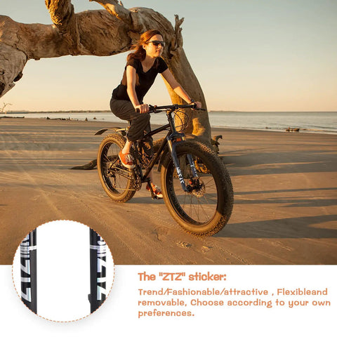 Cyclist on beach using Fat Tire MTB Air Suspension Fork With Rebound Adjust, 120mm Travel, 135mm Hub, crown lockout