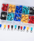 200 Pcs Insulated Wire Connectors Kit With Mixed Ring Spade Butt Fork Quick Disconnect Crimp Terminals For Do It Yourself Home And Auto Wiring Projects Includes 2 Sizes And 5 Colors in a plastic organizer box, showing assorted connectors.