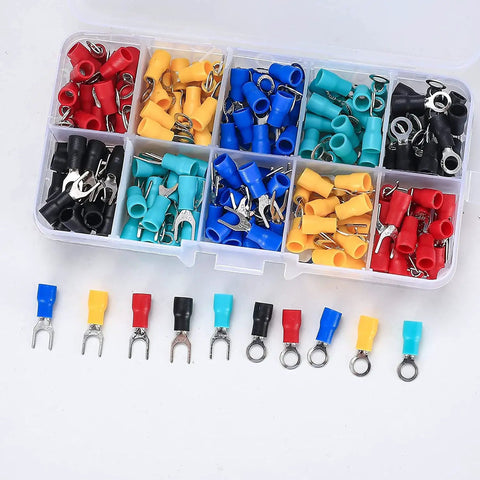 200 Pcs Insulated Wire Connectors Kit With Mixed Ring Spade Butt Fork Quick Disconnect Crimp Terminals For Do It Yourself Home And Auto Wiring Projects Includes 2 Sizes And 5 Colors in a plastic organizer box, showing assorted connectors.
