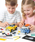 Children assembling toy cars with Pro Grade 20Pcs Gunpla Model Tools Kit For Easy Assembly And Repair featuring cutting knife and pliers.