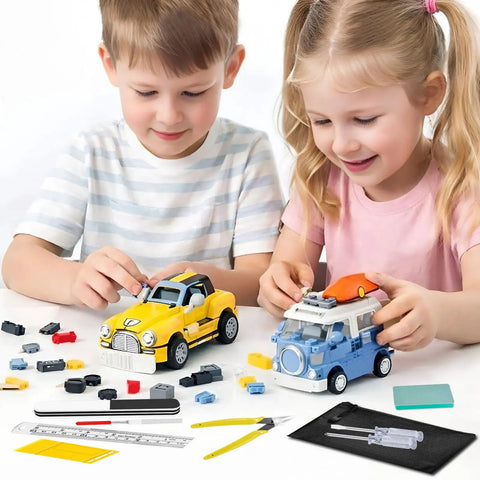 Children assembling toy cars with Pro Grade 20Pcs Gunpla Model Tools Kit For Easy Assembly And Repair featuring cutting knife and pliers.
