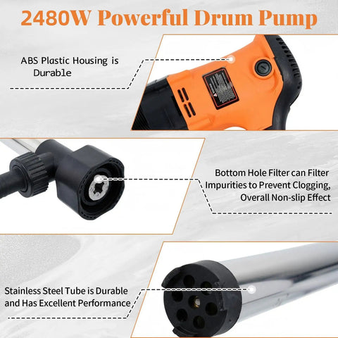 Built Tough Heavy Duty 2480W Electric Barrel Pump For Knockout Diesel Kerosene And Oil Transfer showing durable ABS housing and steel tube.