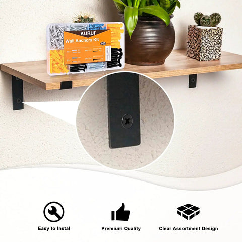 Knockout Drywall Anchors And Screws Assortment Kit Hella Tough Wall Plug Hardware showing black screw and shelf bracket installation.