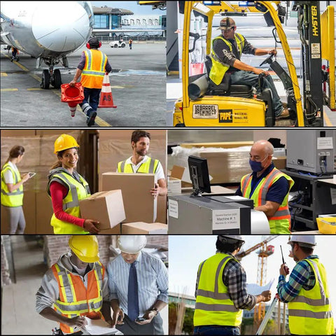Men High Visibility Safety Vest With Seven Rugged Pockets And Secure Zip Closure Built Tough For The Daily Hustle Breathable Mesh Construction Workwear Compliant With Ansi Class 2 Safety Standards worn by workers in various jobsite activities.