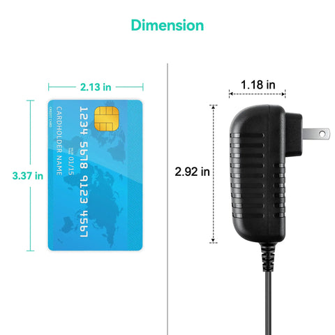 Dimension comparison of 18V AC DC Wall Adapter For Rotary Craft Tools with standard card for size guide.