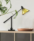 Mission Style Bank Table Lamp With 100-Piece Art Glass Shade In Beige Blue Red And Butterscotch, Adjustable Arm