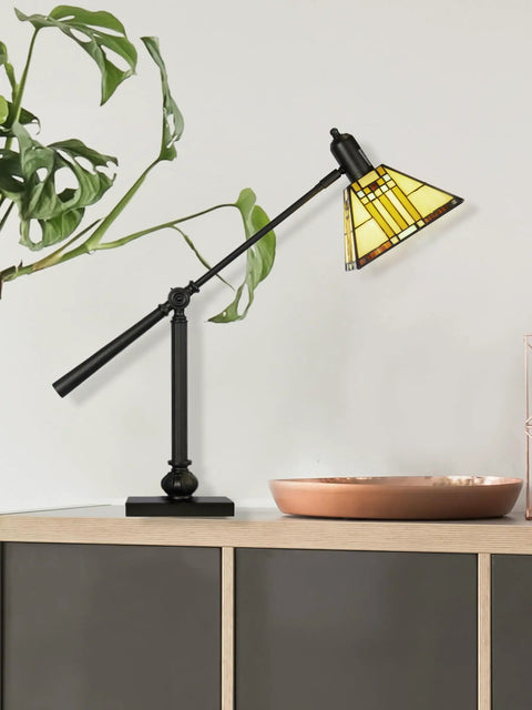 Mission Style Bank Table Lamp With 100-Piece Art Glass Shade In Beige Blue Red And Butterscotch, Adjustable Arm
