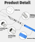 Exploded view of 55 Pack Exacto Knife Set with details on safety cap, aluminum handle, and secure multi-turn screw head.