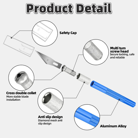 Exploded view of 55 Pack Exacto Knife Set with details on safety cap, aluminum handle, and secure multi-turn screw head.