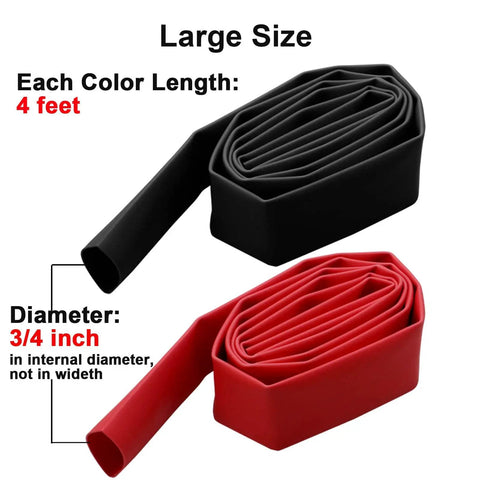 Image of Two Pack Three Quarter Inch Dual Wall Adhesive Heat Shrink Tubing Kit Three To One For Auto And Appliance Wiring Harness Protection Four Feet Long Black And Red Solder Joint Protectors And Cable Grouping Wrap, showing coiled black and red tubes, 3/4 inch diameter, 4 feet long.