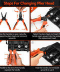 Snap Ring Pliers Set For Internal And External Circlips Beefy Build 4 Jaw Options Straight And Bent Heavy Duty Retaining Ring Pliers For Bearing Installation And Removal Durable Carbon Steel With Rust Resistant Finish shown with step-by-step plier head change instructions.