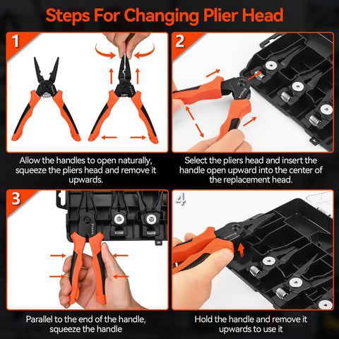 Snap Ring Pliers Set For Internal And External Circlips Beefy Build 4 Jaw Options Straight And Bent Heavy Duty Retaining Ring Pliers For Bearing Installation And Removal Durable Carbon Steel With Rust Resistant Finish shown with step-by-step plier head change instructions.
