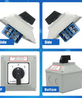 Heavy Duty 40A Rotary Changeover Switch With Box 660V 3 Position 2 Pole 8 Terminals 2NO 2NC Universal Selector Switch IP65 CE Yellow Fork Terminals Included, side and top views