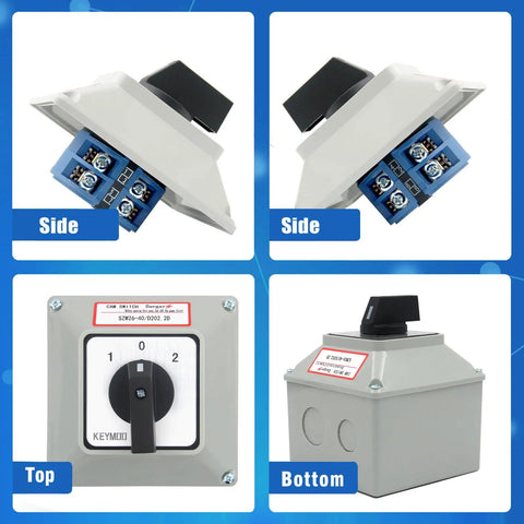 Heavy Duty 40A Rotary Changeover Switch With Box 660V 3 Position 2 Pole 8 Terminals 2NO 2NC Universal Selector Switch IP65 CE Yellow Fork Terminals Included, side and top views